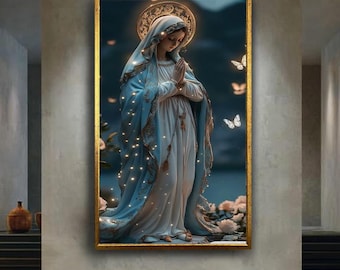 Holy Virgin Mary Wall Art Print, Spiritual Light Catholic Digital Poster, Praying Madonna Divine Decor, Blessed Mother Artwork
