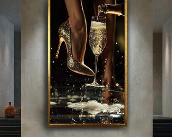 Luxury Champagne and Gold Heels Wall Art Canvas, Glamorous High Heel and Bubbles Illustration, Fashion Girl Nightlife Decor Gift Idea