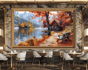 Autumn Cabin by the Lake Wall Art Print, Cozy Fall Landscape Canvas Art, Rustic Mountain Nature Artwork for Home Decor