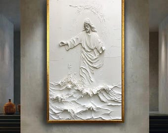 Jesus Walking on Water Wall Art Print, Minimalist Christian Canvas Art, White 3D Religious Artwork, Spiritual Faith Decor