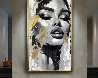 Gold and black abstract woman canvas wall art print, bold modern fashion portrait print, luxury feminine decor for salon or stylish home