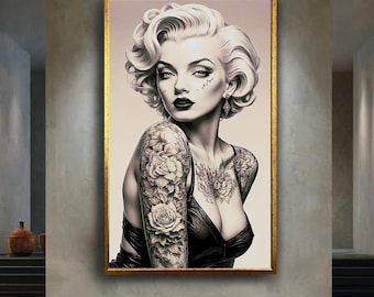 Tattooed Pin-Up Girl Canvas Wall Art, Vintage Style Woman with Floral Tattoos Portrait, Retro Tattoo Babe Aesthetic Decor for Ink Lovers