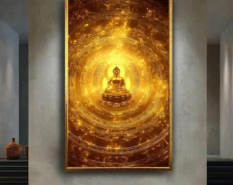 Golden radiant Buddha canvas wall art print, spiritual enlightenment mandala artwork, glowing zen decor for meditation or sacred space