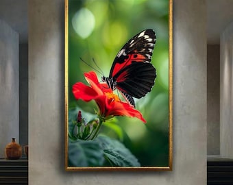 Black and Red Butterfly on Flower Canvas Wall Art – Nature Inspired Botanical Photography Print for Calm, Minimal or Natural Home Decor