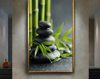 Zen Stone and Bamboo Canvas Print – Peaceful Nature Wall Art for Spa Room, Meditation Corner, Yoga Studio or Minimalist Home Decor