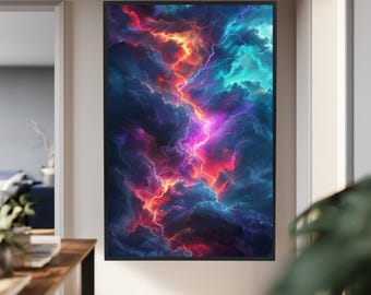 Electric Storm Fantasy Cloud Canvas Art Print, Psychedelic Lightning Wall Poster, Vibrant Abstract Sky Energy Artwork Decor