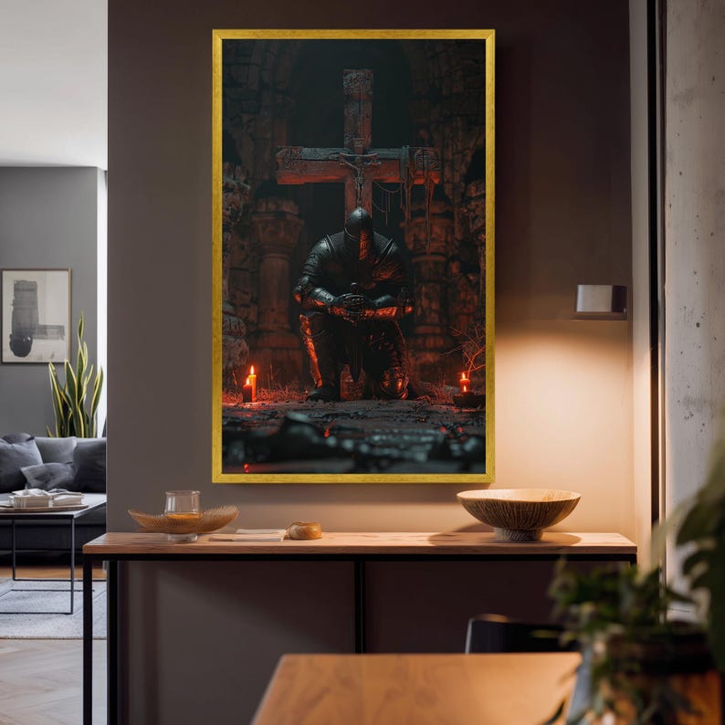 Dark Medieval Knight Canvas Print Kneeling Before Cross Gothic Fantasy ...