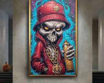 Graffiti Skeleton Canvas Wall Art – Urban Street Style Skull Character with Spray Can – Hip Hop Graffiti Poster for Edgy Wall Decor