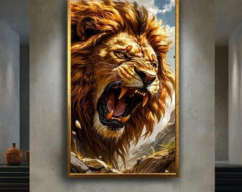 Roaring lion canvas wall art print, fierce wild animal artwork for masculine decor, jungle king digital painting for office or gaming room