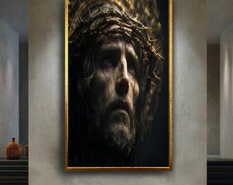 Jesus Christ Canvas Print with Crown of Thorns – Realistic Spiritual Wall Art for Christian Home, Prayer Room or Easter Faith Gift