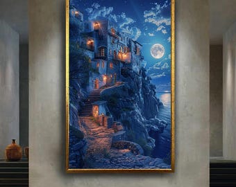 Mediterranean Cliffside Houses Canvas Wall Art with Moonlit Sea and Stone Path, Romantic Coastal Night Scene for Seaside Home Decor