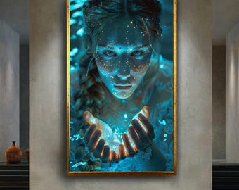 Galactic Light Spirit Canvas Wall Art with Mystical Woman Holding Energy – Cosmic Fantasy Portrait Print for Spiritual or Sci-Fi Decor