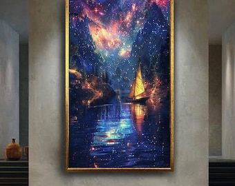 Fantasy Night Boat Canvas Wall Art, Dreamy Mountain Lake Landscape with Stars, Magical Cosmic Sailing Print for Bedroom or Living Room