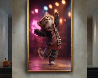 Dancing Cool Cat Canvas Wall Art – Cute Anthropomorphic Kitten in Hoodie and Leather Jacket with Colorful Stage Lights