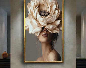 Elegant Floral Woman Canvas Wall Art, Modern Feminine Portrait Print, Chic Flower Head Artwork for Bedroom or Living Room Decor