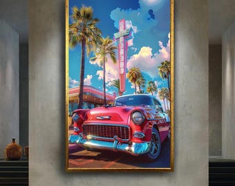 Retro Red Chevy Diner Canvas Wall Art – Vintage 1950s Neon Sign and Palm Trees Classic Car Scene for Garage or Home Decor