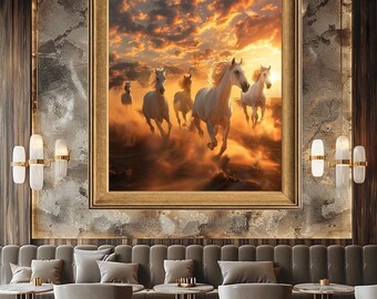 White Horses Running at Sunset Wall Art Print, Wild Horse Photography with Golden Sky, Powerful Equestrian Decor for Rustic or Western Homes