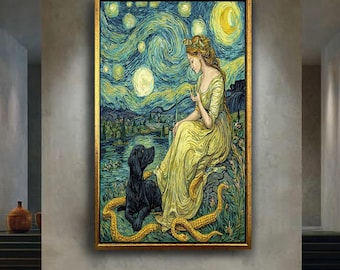 Starry Night Goddess and Dog Canvas Wall Art – Van Gogh Style Fantasy Print with Serpent – Whimsical Moonlit Art for Dreamy Home Decor