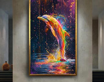 Colorful Dolphin Canvas Wall Art, Vibrant Ocean Animal Print, Modern Pop Art Style Marine Life Artwork for Coastal Home Decor
