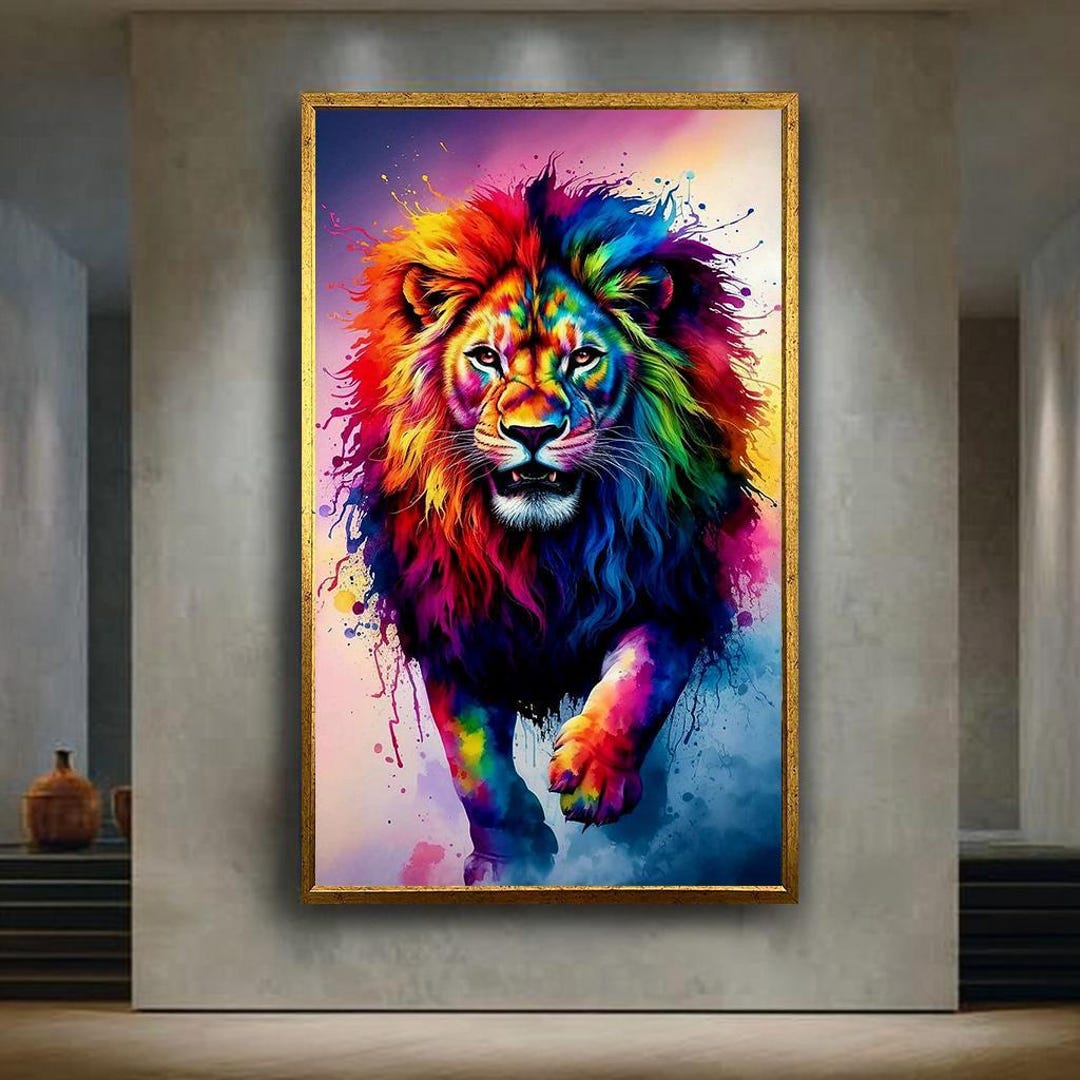Colorful Rainbow Lion Canvas Wall Art Print, Vibrant Abstract Animal ...