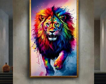 Colorful rainbow lion canvas wall art print, vibrant abstract animal print for modern home, gamer room or bold creative studio decor
