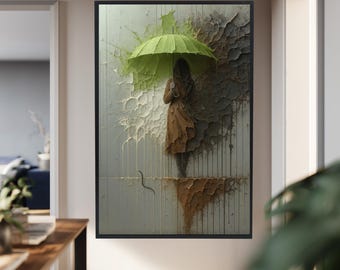 Textured Woman Holding Green Umbrella Abstract Wall Art Canvas With Grunge Rain Style For Modern Industrial Room Decor