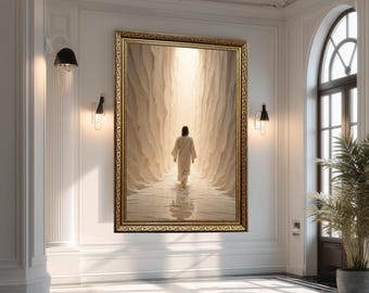 Jesus Walking Toward the Light Wall Art, Spiritual Christian Canvas of Faith and Hope, Heavenly Path Artwork for Religious Home Decor