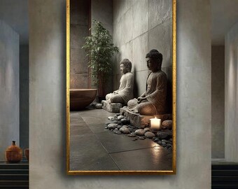 Zen Buddha Meditation Canvas Print – Minimalist Wall Art with Candles, Stones and Bamboo for Spa Room, Yoga Studio or Peaceful Home Decor