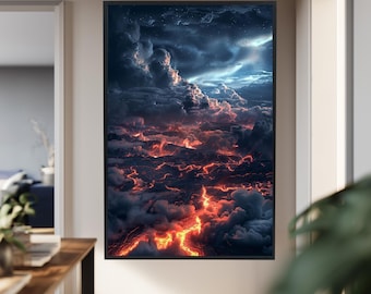Lava Landscape Canvas Wall Art –Epic Volcanic Eruption Under Starry Sky for Sci-Fi Decor, Dramatic Wall Design and Nature Inspired Interiors