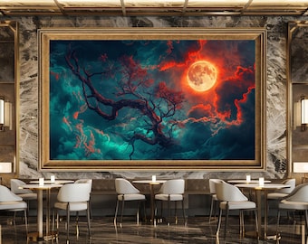 Red Moon Night Wall Art Print, Dark Fantasy Tree Canvas Art, Mystical Spooky Nature Artwork for Gothic or Halloween Decor