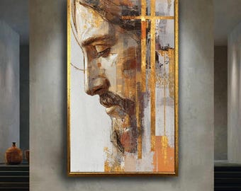 Abstract Jesus Canvas Print with Gold Accents – Modern Christian Wall Art for Prayer Room, Faith Based Home or Spiritual Gift Idea