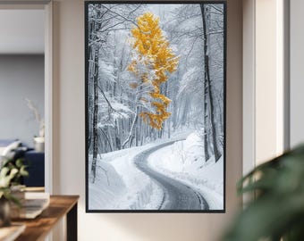 Yellow Tree in Snowy Forest Canvas Wall Art – Minimal Winter Landscape with Curved Road for Nordic Decor, Nature Lovers and Calm Interiors