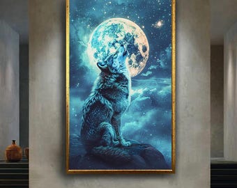 Howling Wolf and Full Moon Canvas Wall Art with Starry Night Sky, Mystical Wildlife Animal Artwork for Rustic and Nature Home Decor