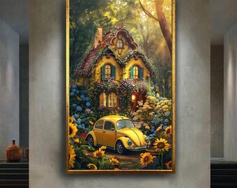 Whimsical Cottage Canvas Wall Art – Enchanted Yellow House with Flowers and Vintage Car – Fairy Tale Home Print for Cozy Decor