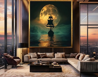 Moonlight Sailing Ship Wall Art Fantasy Ocean Scene Night Sea Silhouette Print Mysterious Nautical Canvas Art