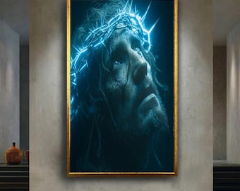 Jesus Crown of Thorns Canvas Print – Powerful Spiritual Christian Wall Art with Blue Light for Prayer Room, Easter Gift or Faith Decor