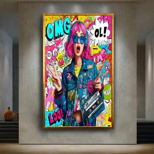 Quadro su tela Pop Art Girl – Donna dai capelli rosa con cuffie e sfondo di graffiti in stile fumetto per un arredamento moderno