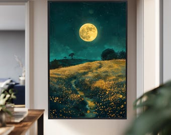 Moonlit Flower Field Canvas Wall Art – Dreamy Night Landscape with Golden Blossoms and Full Moon for Boho Bedroom or Nature Inspired Decor