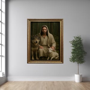 Jesus mit Wolf und Lamm Wand Kunst Druck - Friedliche Christliche Poster - Religiöse Wald Szene - Katholische Wohnkultur Leinwand Geschenk