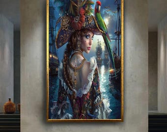 Fantasy Pirate Woman Wall Art Colorful Parrot Canvas Print Elegant Corsair Portrait Poster for Nautical or Fantasy Home Decor Gift