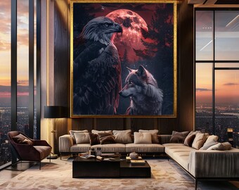 Mystical Eagle and Wolf Wall Art Print with Red Full Moon and Dark Forest Background, Fantasy Animal Canvas Artwork Home Decor