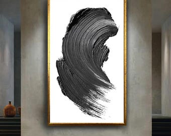 Minimalist Black Brush Stroke Wall Art – Abstract Monochrome Canvas Print – Modern Japandi Zen Style Home Decor Poster