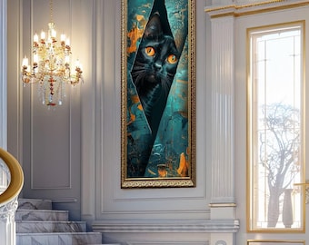 Black Cat Wall Art Orange Eyes Poster Abstract Fantasy Feline Canvas Art Teal Gold Background Cat Lover Decor