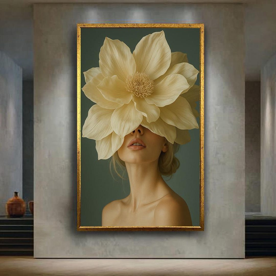 Minimal Floral Woman Portrait Wall Art | Cream Flower Face Aesthetic ...