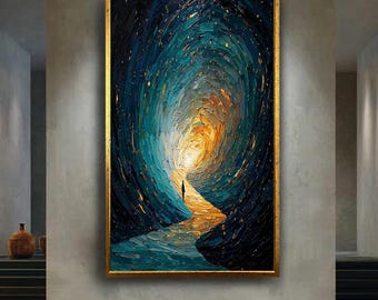 abstract tunnel print with silhouette figure palette knife art colorful path to light modern canvas wall decor