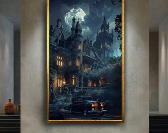 Haunted Gothic Mansion Canvas Wall Art with Classic Car and Full Moon, Dark Vintage Horror Scene Print for Spooky Home Decor