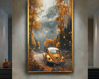 Autumn Mountain Road Canvas Wall Art – Vintage Yellow Car Driving Through Falling Leaves – Adventure Travel Print for Cozy Home Decor