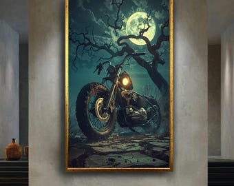 Dark Motorcycle Wall Art Under Full Moon Gothic Biker Artwork Spooky Fantasy Bike Illustration Halloween Night Decor