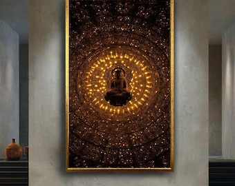 Dark golden Buddha canvas wall art print, sacred zen temple ceiling glow, spiritual enlightenment decor for yoga or meditation space