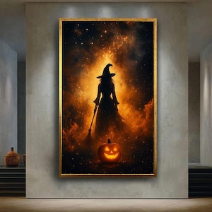 Halloween Witch and Pumpkin Canvas Wall Art, Spooky Jack O Lantern Print, Dark Fantasy Artwork for Gothic or Seasonal Home Decor